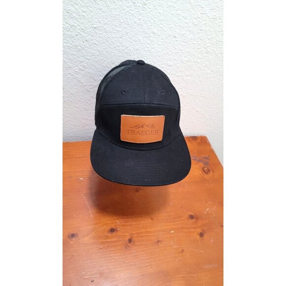 Traeger Black Snapback Mesh Trucker Hat With Leather Patch - Picture 1 of 7